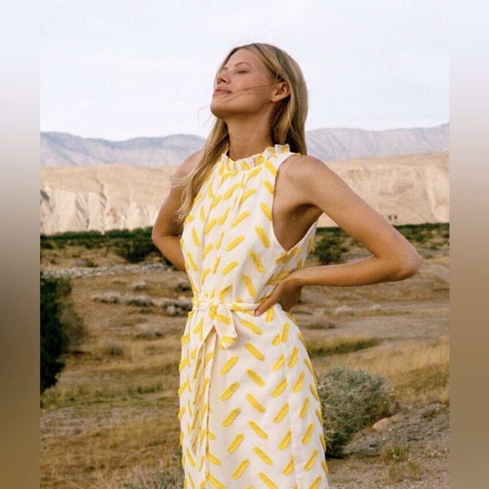 ❤️NWT ALI & JAY X ANTHROPOLOGIE yellow & white Corina Textured high neck Romper - Picture 3 of 13